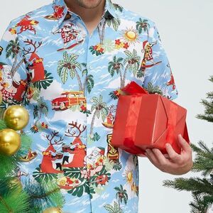 SSLR Surfs Up Santa‎ Ugly Christmas Hawaiian Shirt -- M